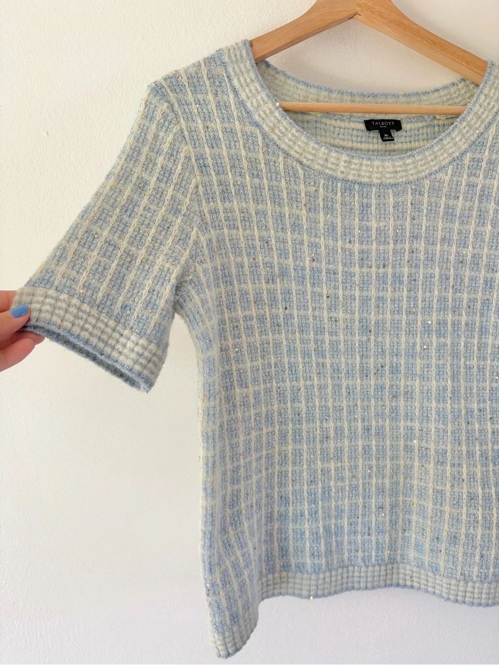 Talbots Blue Plaid SequiTalbots Light Blue & Cream Textured Short Sleeve Sweater